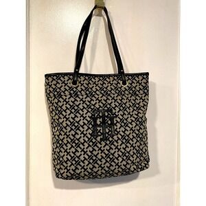 Tommy Hilfiger Monogram Jacquard Tote Black & Beige TH Logo Canvas Shopper 12x14